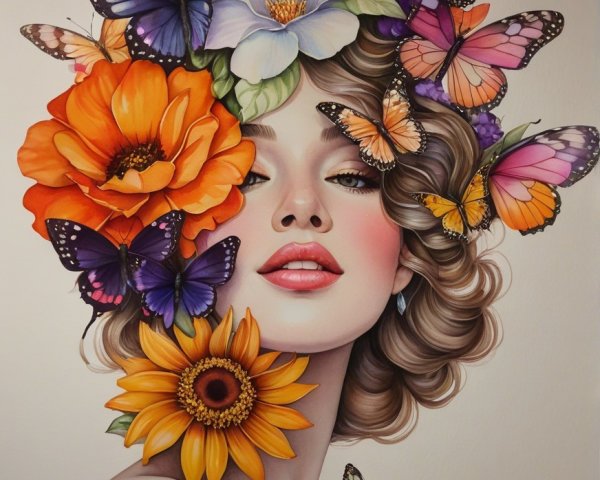 Woman with Floral Crown and Colorful Butterflies