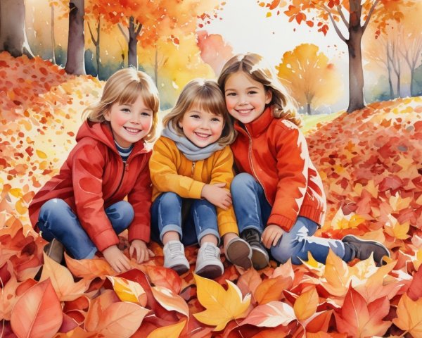 Children in jackets on autumn leaves with sunlight