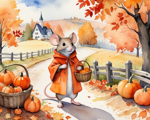 Mouse in Orange Cloak on Autumn Country Road