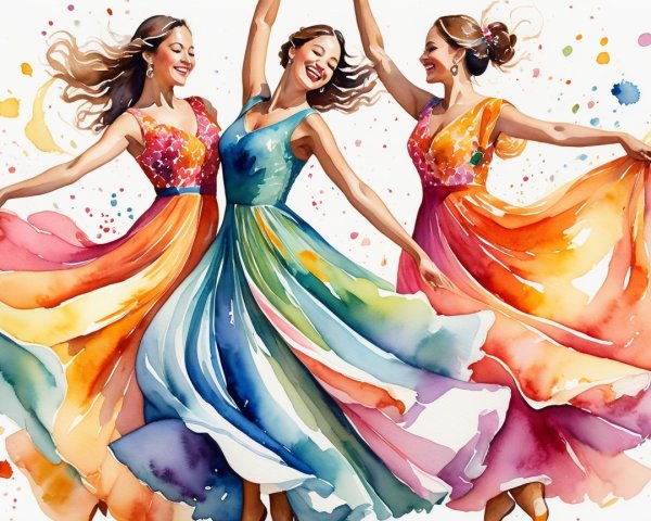 Joyful women in vibrant, patterned dresses dancing