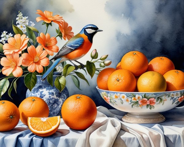 Vibrant Still Life with Oranges and Floral Arrangement