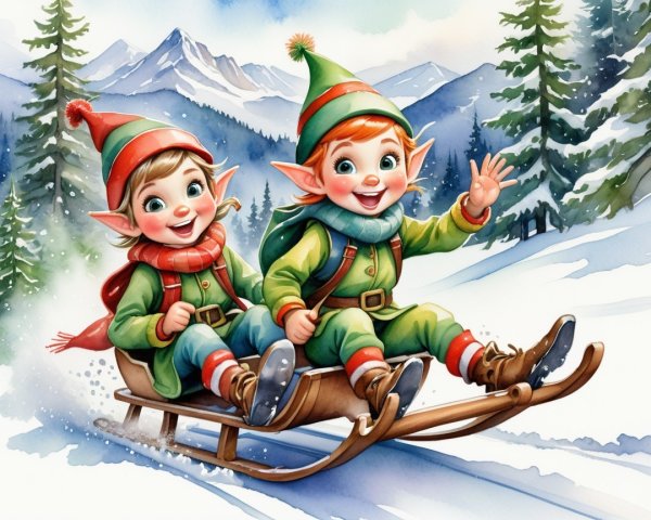 Joyful Christmas Elf Children Riding Sled in Snowy Landscape