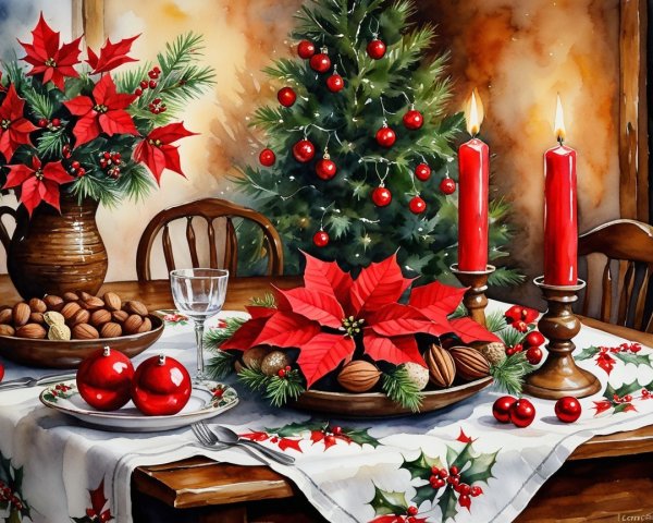 Festive Christmas Table Setting with Poinsettias and Candles