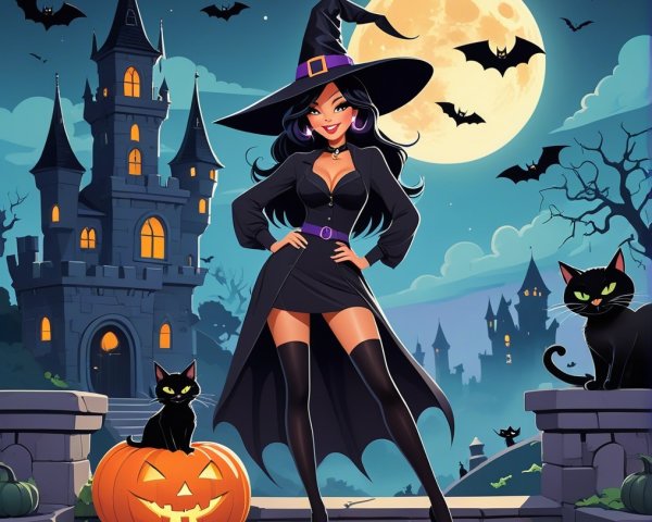 Witch in Black Dress at Spooky Castle Under Moonlight