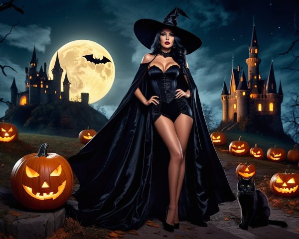 Witch in Dark Landscape with Haunted Castle and Cat