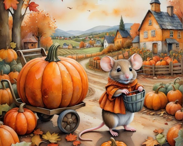 Cheerful Mouse in Autumn Scene with Pumpkins