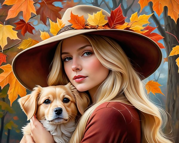 Young Woman with Dog Surrounded by Autumn Leaves