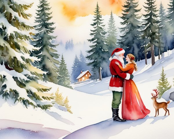 Romantic Watercolor of Santa Claus in Snowy Forest