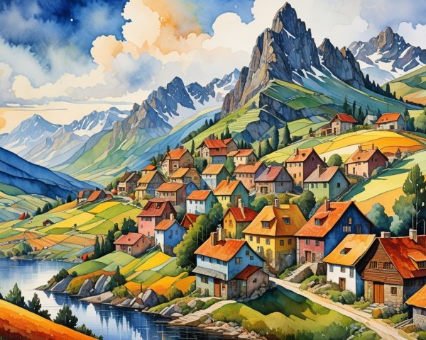 Vibrant Watercolor Village Landscape with Mountains and Lake