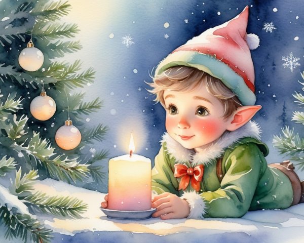 Young Elf in Festive Attire by Glowing Candlelight