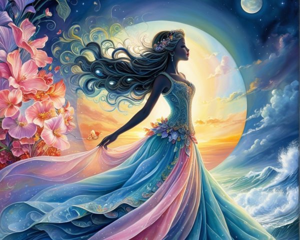Silhouette of a Woman in Vibrant Gown Against Colorful Backdrop