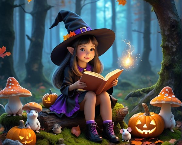Young witch reading in a mystical autumn forest