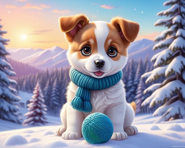 Puppy in Snowy Landscape with Pine Trees and Mountains