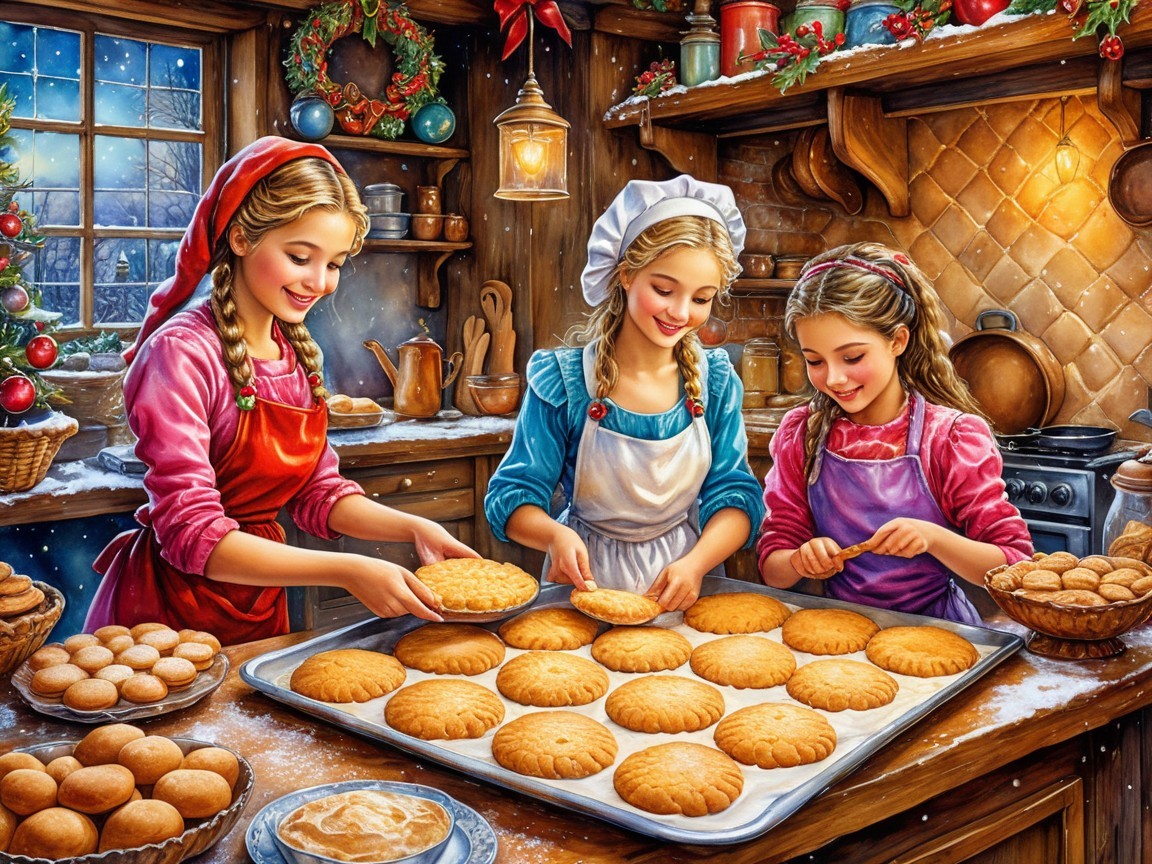 Young Girls Baking Christmas Cookies in Festive Aprons
