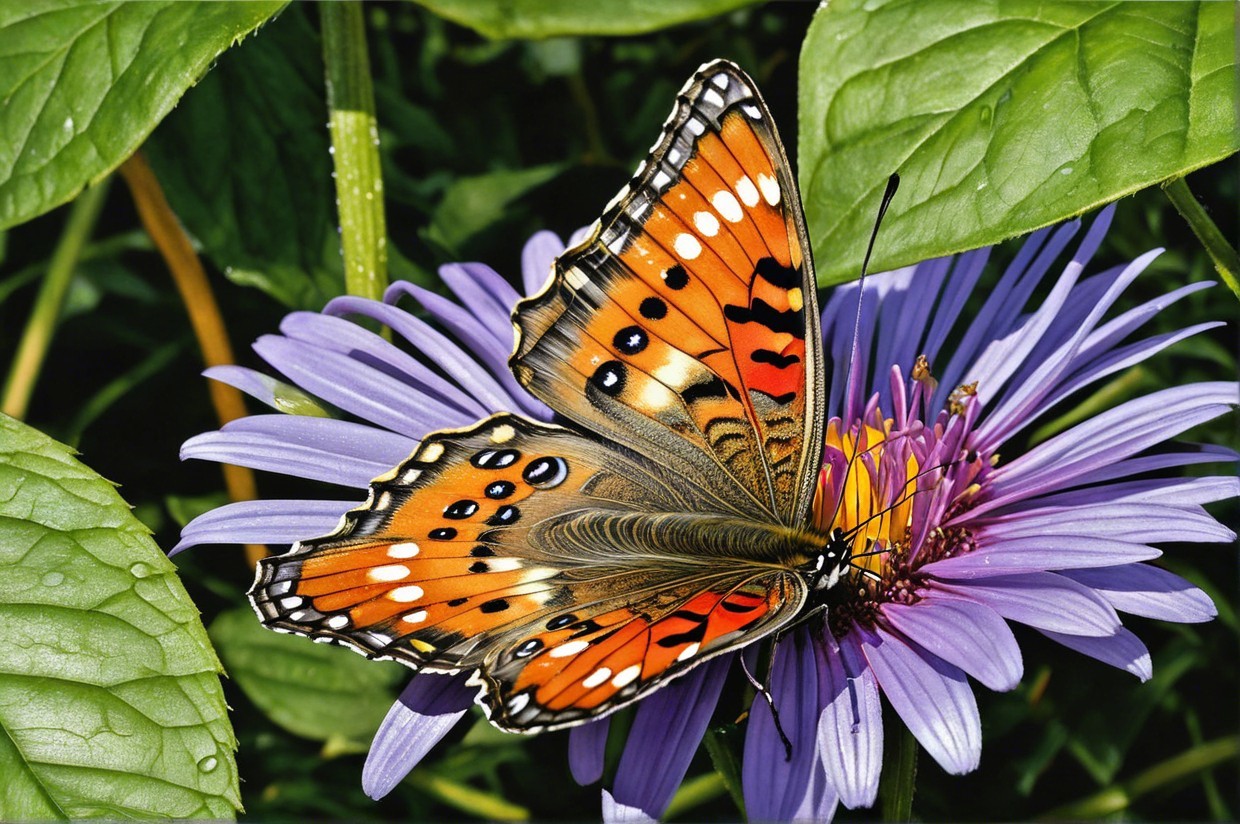 Orange and black butterfly on purple flower scene