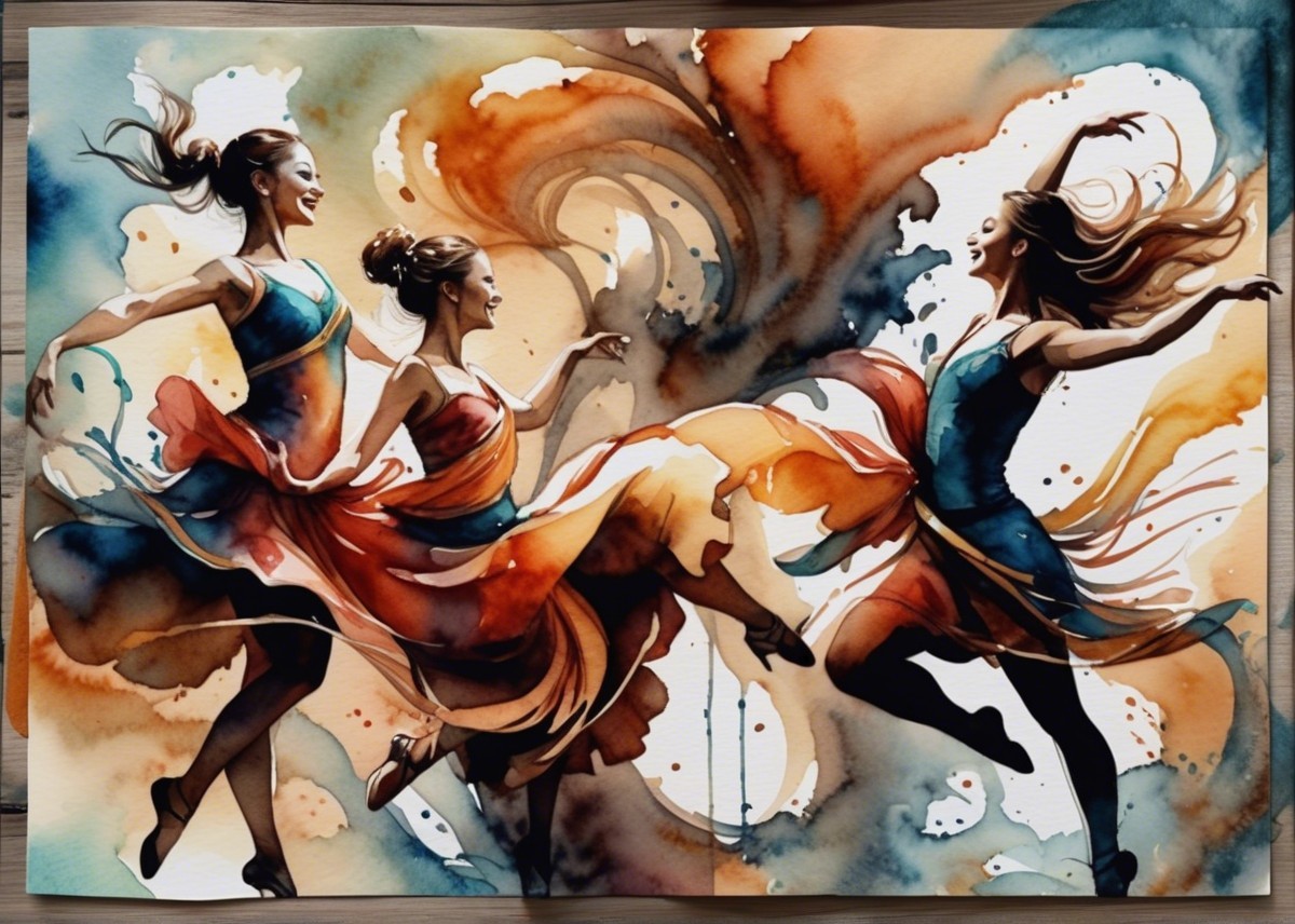 Dancers in Vibrant Dresses Against Colorful Backdrop