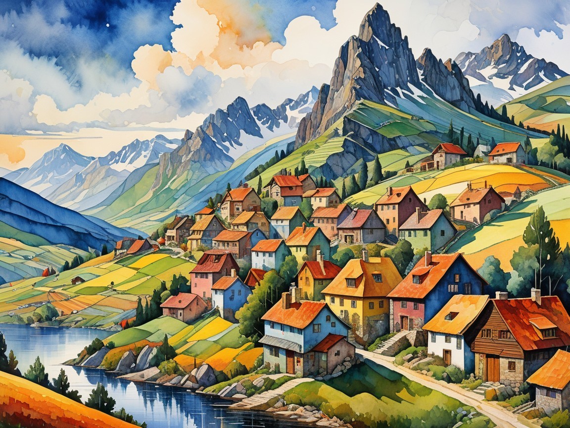 Vibrant Watercolor Village Landscape with Mountains and Lake