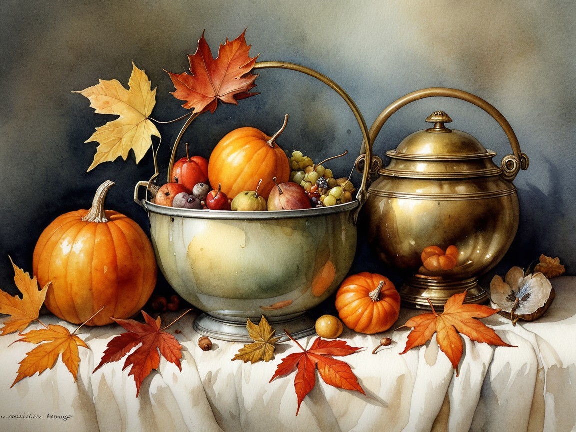Still Life of Autumn Fruits and Maple Leaves