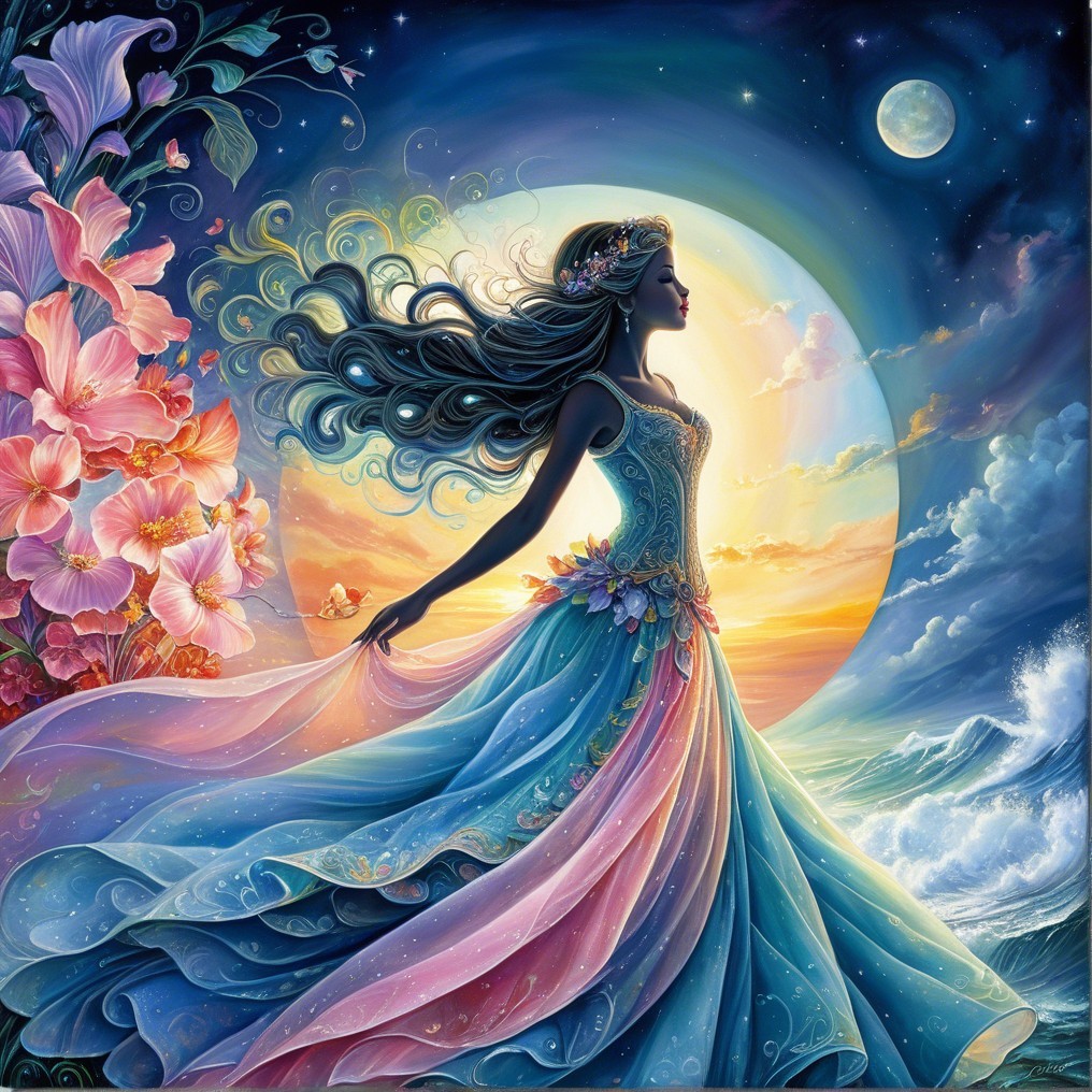 Silhouette of a Woman in Vibrant Gown Against Colorful Backdrop