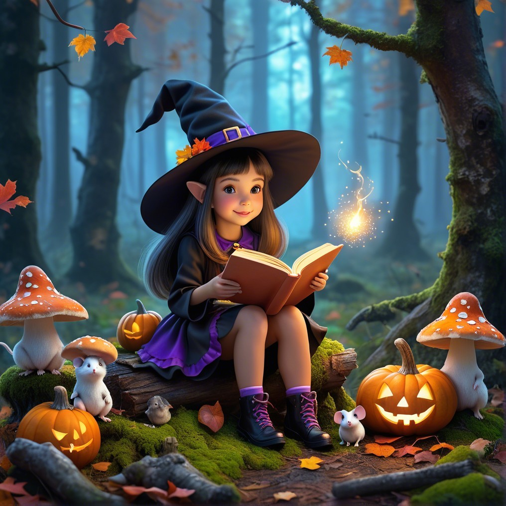 Young witch reading in a mystical autumn forest