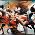 Dancers in Vibrant Dresses Against Colorful Backdrop