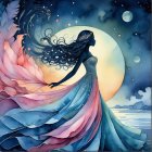 Silhouette of a Woman in Vibrant Gown Against Colorful Backdrop