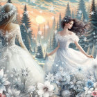 Elegant Women Twirling in a Serene Winter Landscape