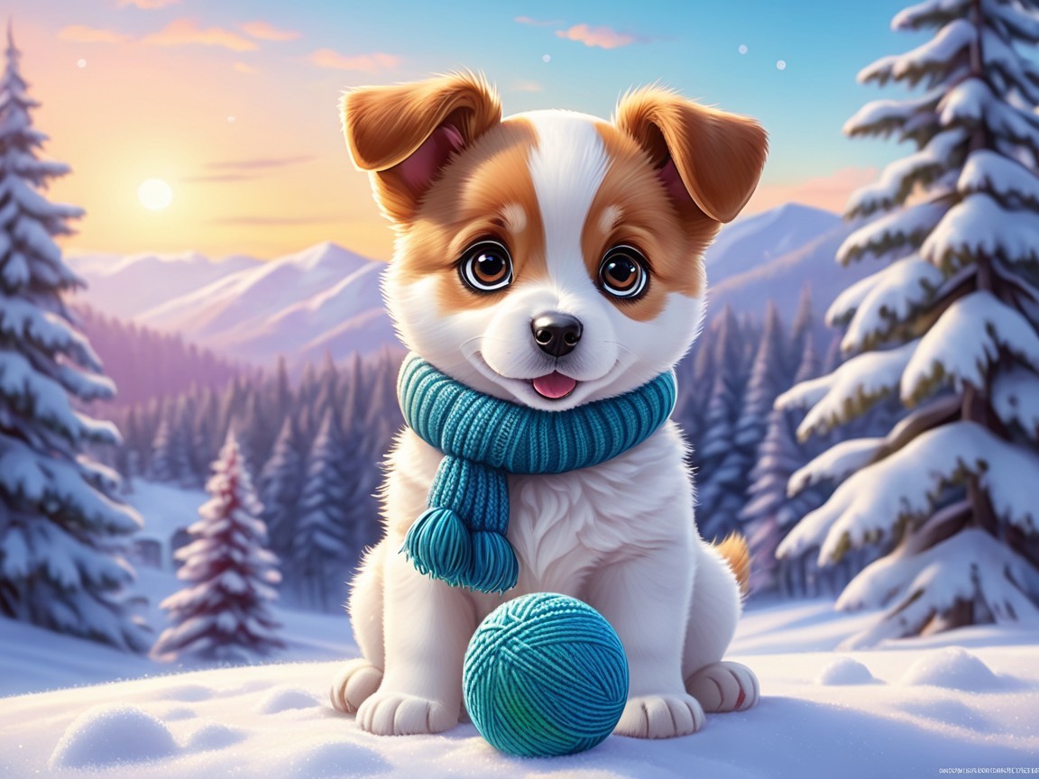 Puppy in Snowy Landscape with Pine Trees and Mountains