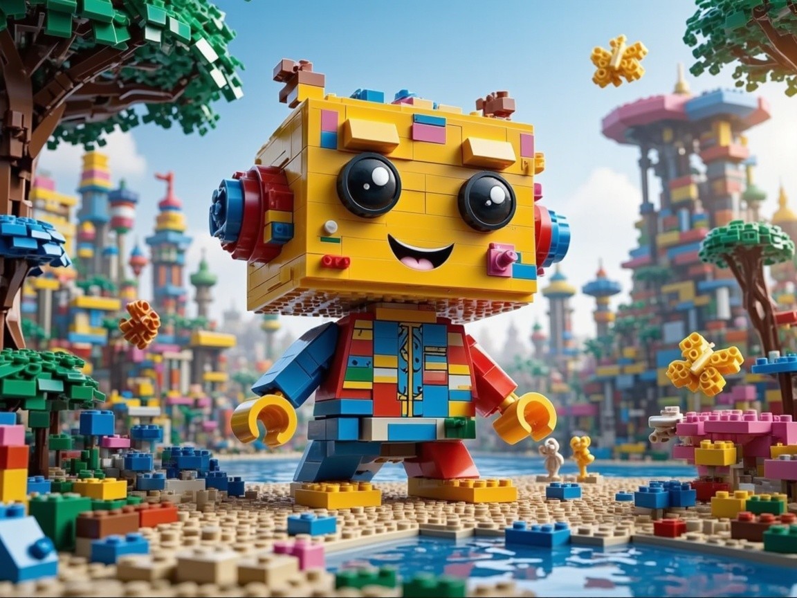 Colorful LEGO Robot in a Whimsical Landscape