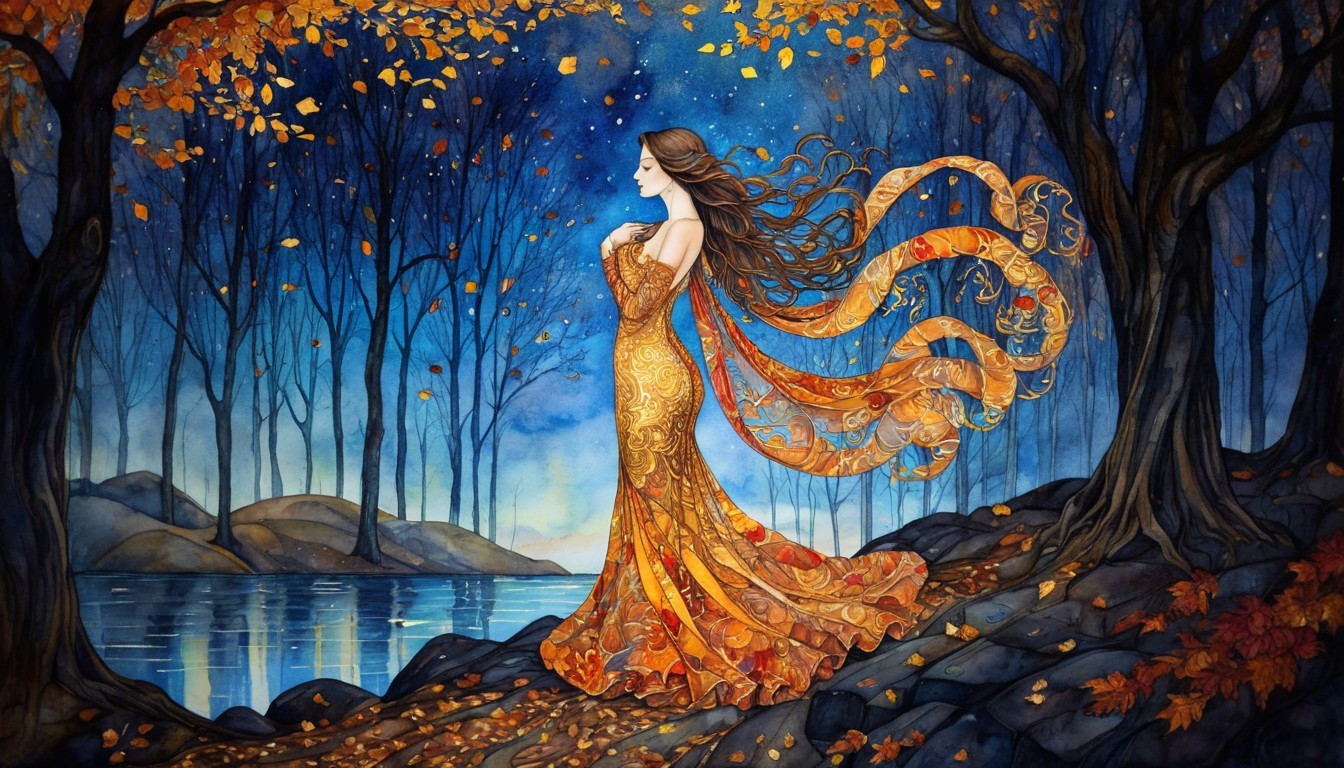 Woman in Golden-Orange Gown Amid Autumn Leaves
