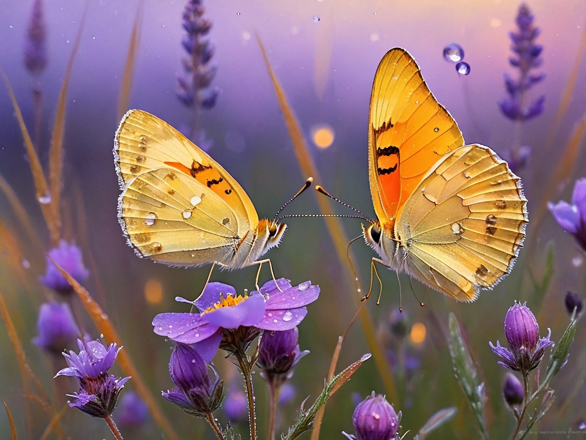 Vibrant Yellow Butterflies on Purple Flower in Field