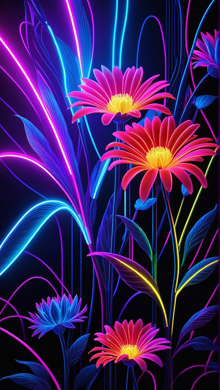 Vibrant Digital Artwork of Glowing Flowers on Dark Background