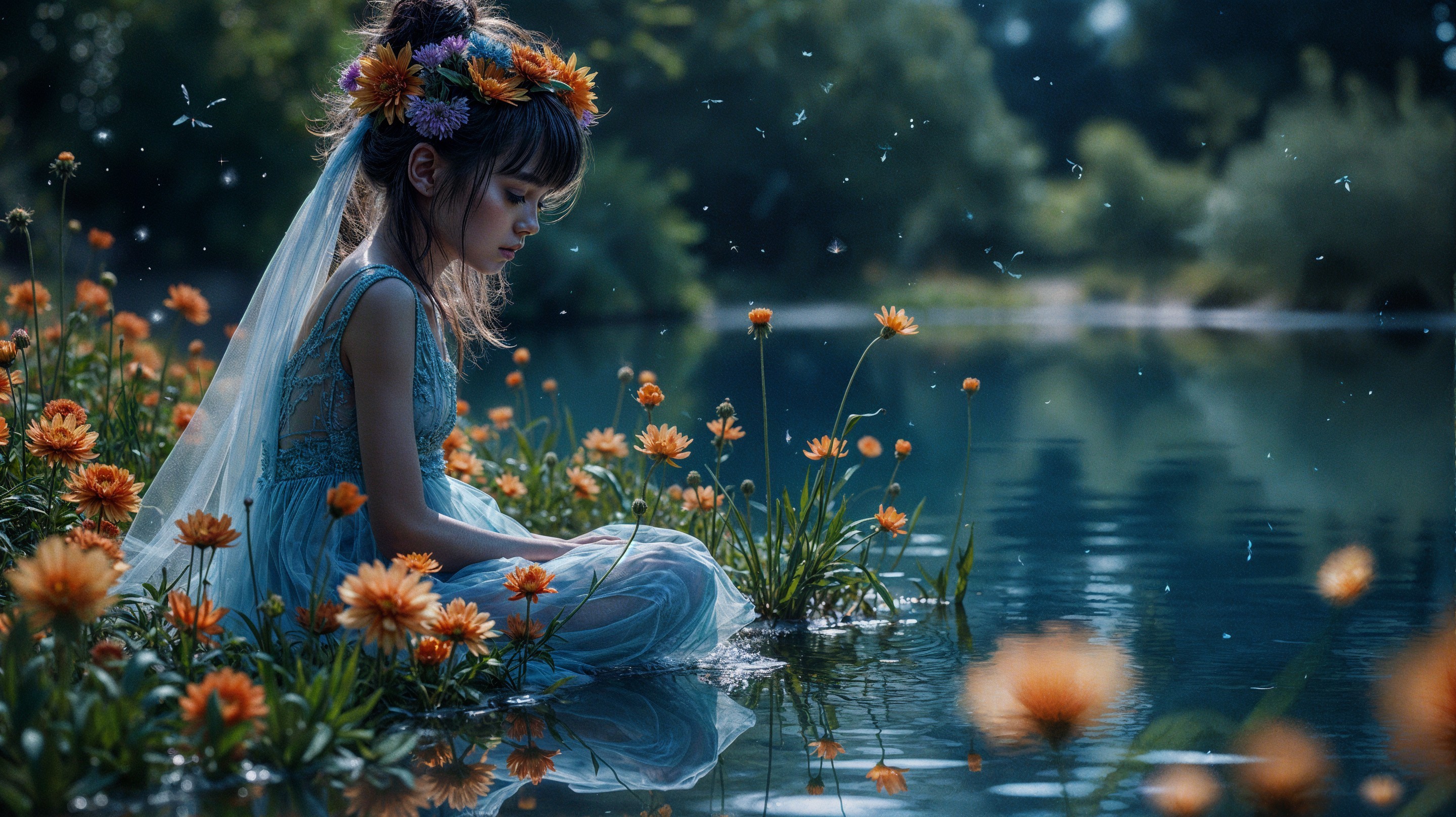 Young girl in blue dress by tranquil reflective lake