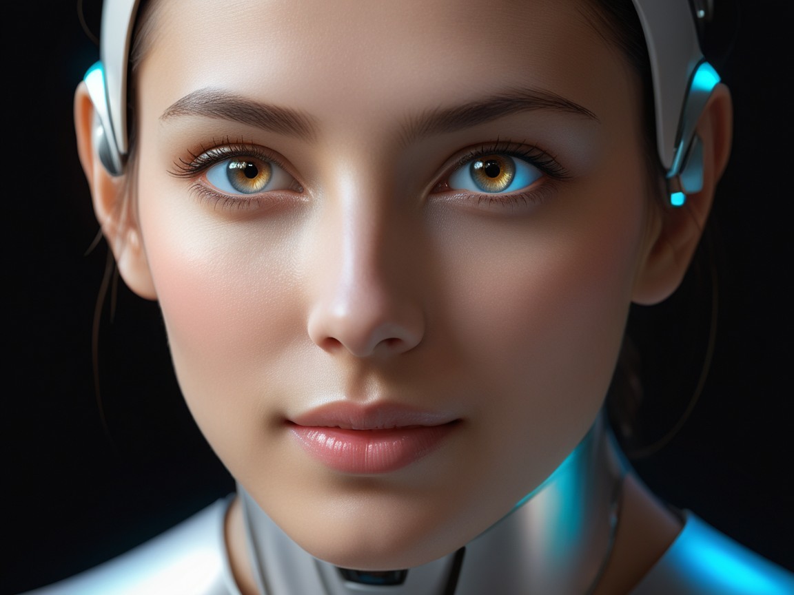 Close-up of a humanoid robot with amber eyes