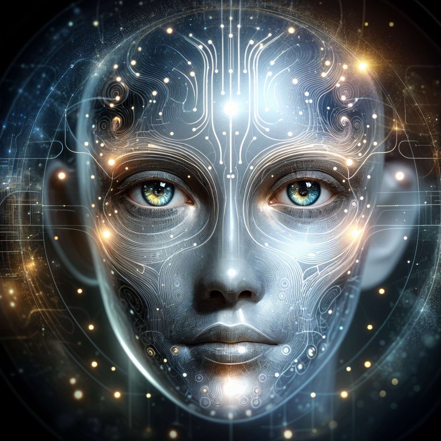 Futuristic humanoid face with glowing circuit patterns