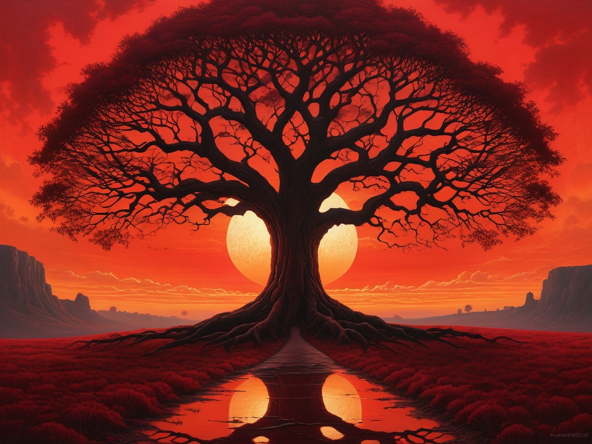 Majestic Tree Silhouetted Against Vibrant Sunset Sky