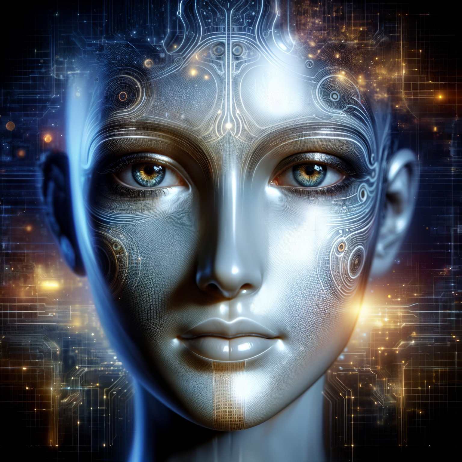 Futuristic Humanoid Face with Metallic Surface and Lights