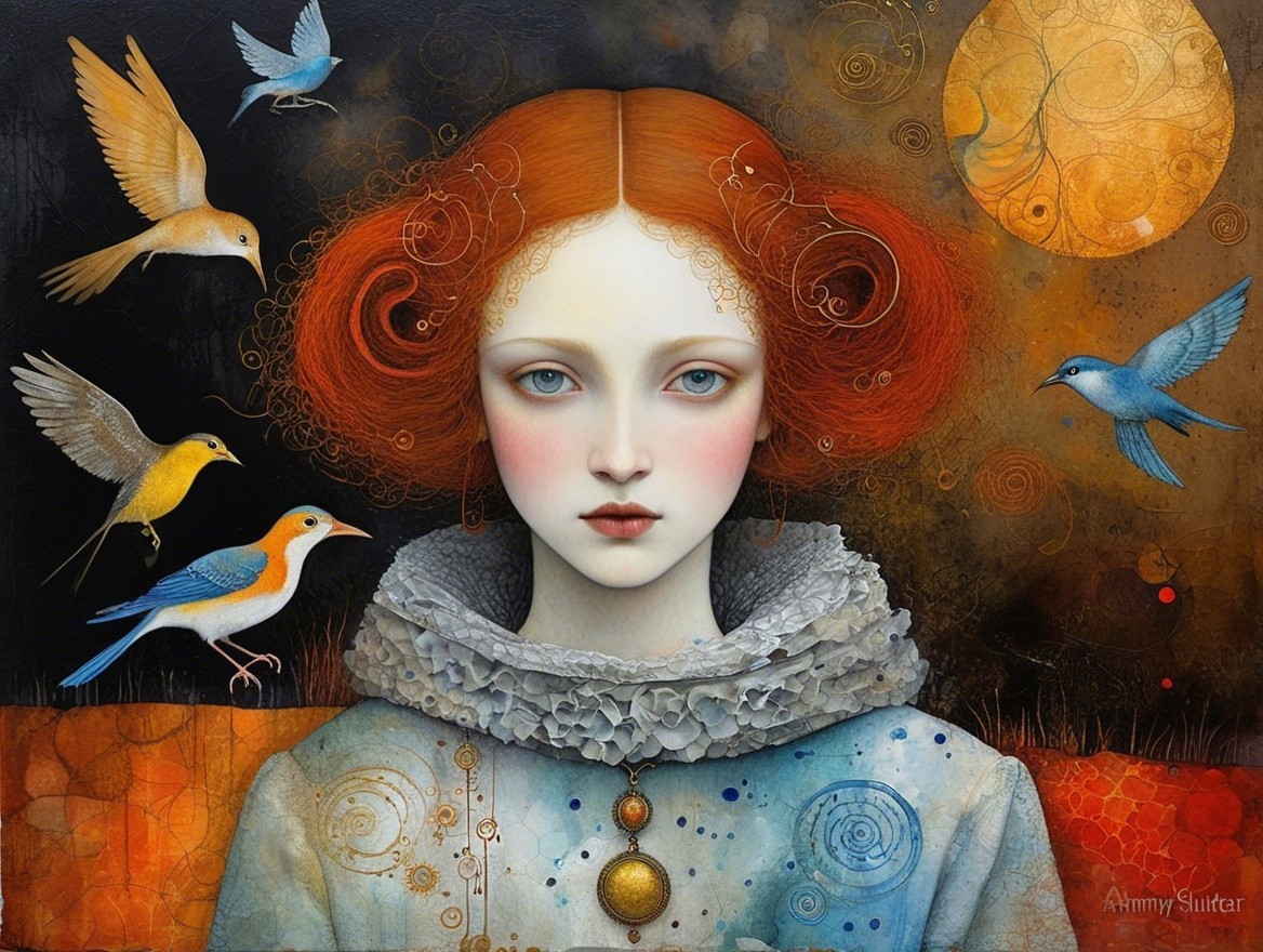 Young Woman with Red Hair and Colorful Birds Artwork
