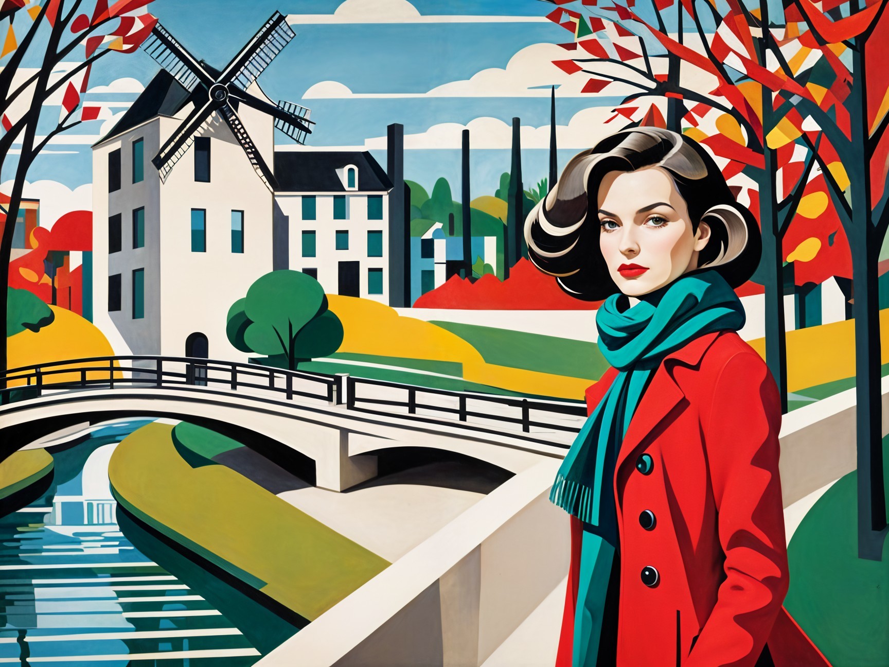 Vibrant Scene of Woman by Canal with Autumn Landscape