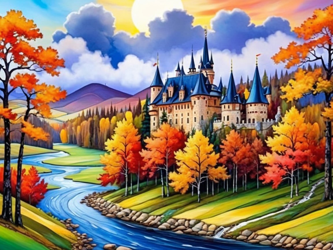 Autumn Landscape with Castle and Colorful Trees