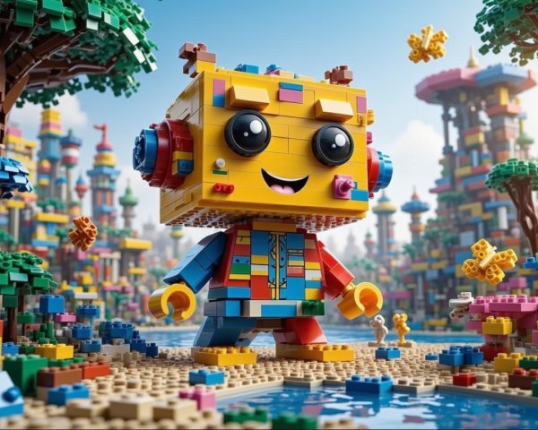 Colorful LEGO Robot in a Whimsical Landscape