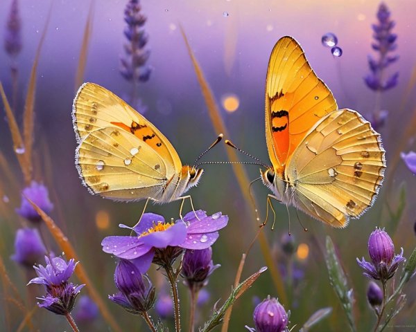 Vibrant Yellow Butterflies on Purple Flower in Field