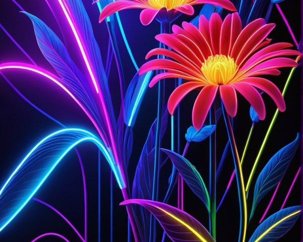 Vibrant Digital Artwork of Glowing Flowers on Dark Background