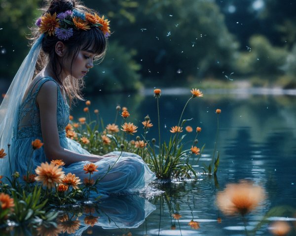Young girl in blue dress by tranquil reflective lake