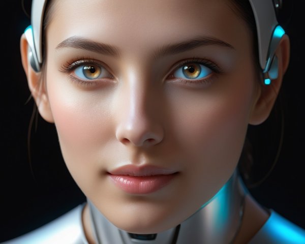 Close-up of a humanoid robot with amber eyes