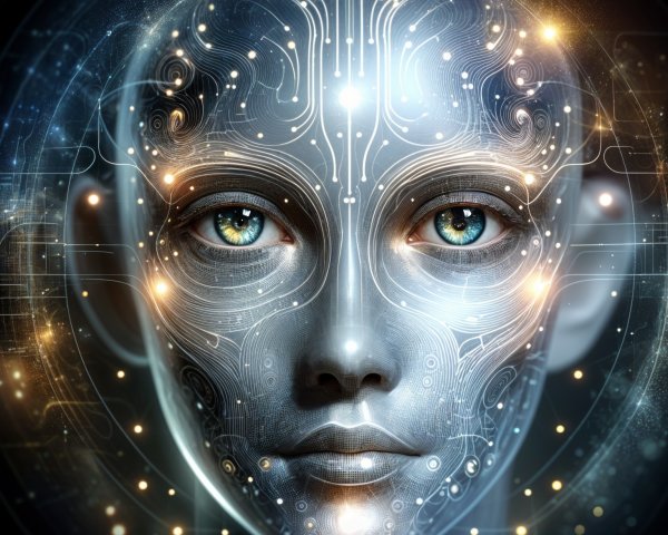 Futuristic humanoid face with glowing circuit patterns