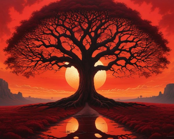 Majestic Tree Silhouetted Against Vibrant Sunset Sky