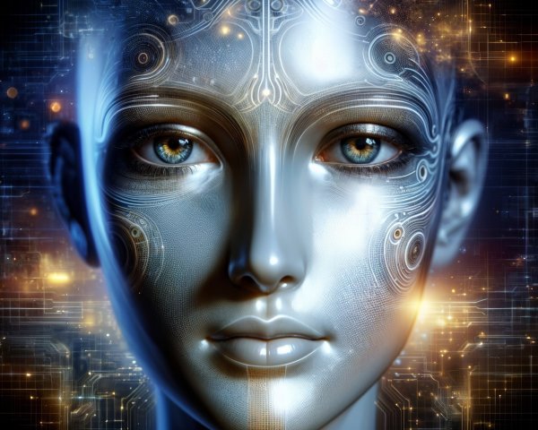 Futuristic Humanoid Face with Metallic Surface and Lights