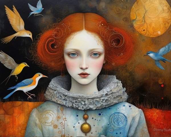 Young Woman with Red Hair and Colorful Birds Artwork