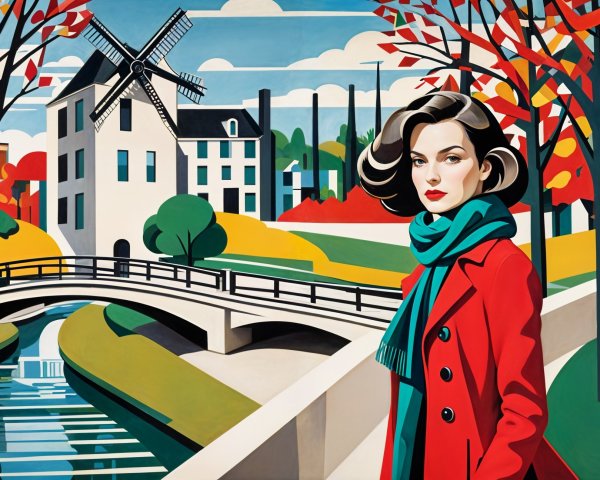 Vibrant Scene of Woman by Canal with Autumn Landscape